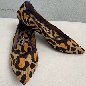 Rothy's Leopard Knit Pointed Flats in Brown, Black & Tan with Blue Trim Size 9.5